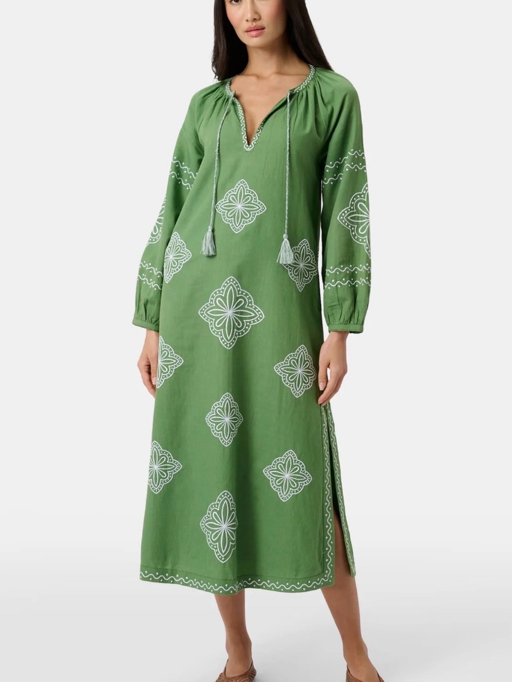Roller Rabbit Green Embroidered Tassel Midi Dress